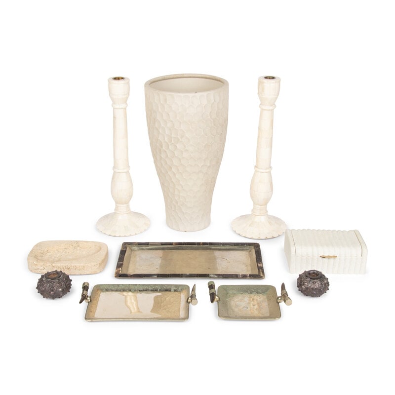 A Collection of Decorative Table Articles: A Collection of Decorative Table Articles comprising a large ceramic vase, two shell-veneered candlesticks, two sea-urchin form candle holders, a stone trinket dish, a hinged lid table casket, and
