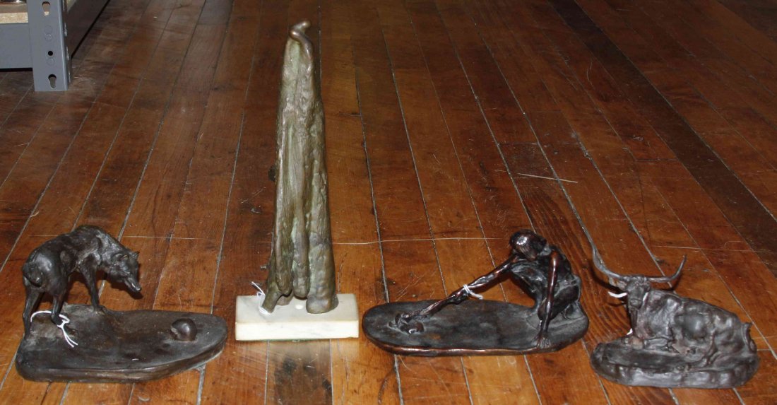 Three American Bronze Sculptures, after Charles M. Russ: Three American Bronze Sculptures, after Charles M. Russell, comprising Last Laugh, Snake Priest and Texas Steer recast by Mario Spampinato for Findlay Galleries, together with an abstract