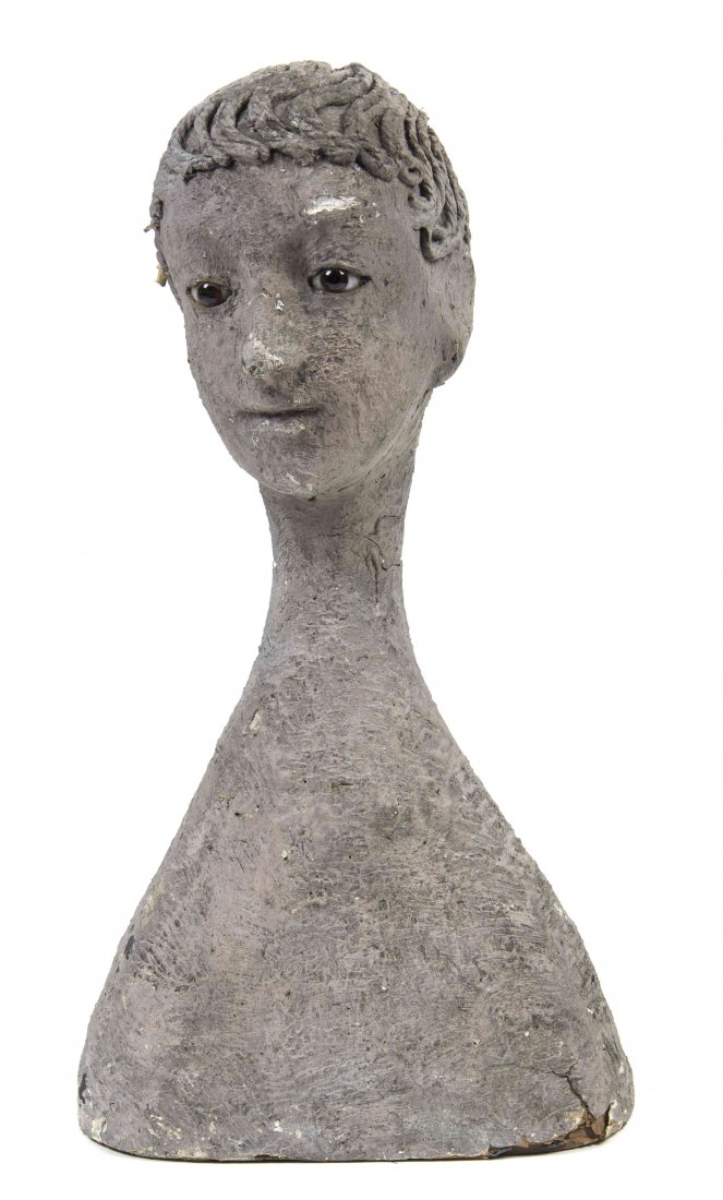 A Continental Papier Mache Bust, Height 19 5/8 inches.: A Continental Papier Mache Bust, depicting a youthful male with applied rope hair and glass inset eyes. Height 19 5/8 inches.