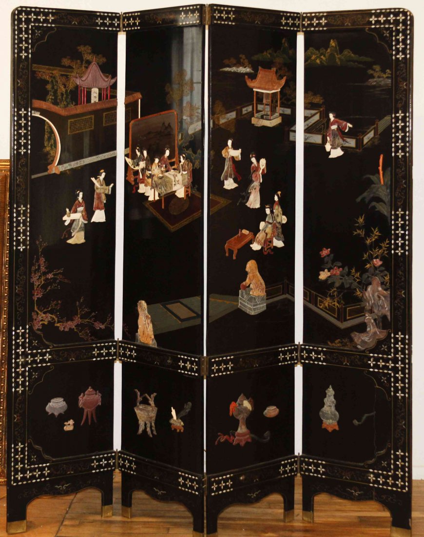 A Chinese Lacquered and Hardstone Inset Four-Panel Floo: A Chinese Lacquered and Hardstone Inset Four-Panel Floor Screen, having a mother-of-pearl inlaid border surrounding a scene of women at various tasks, above a lower register depicting traditional vess