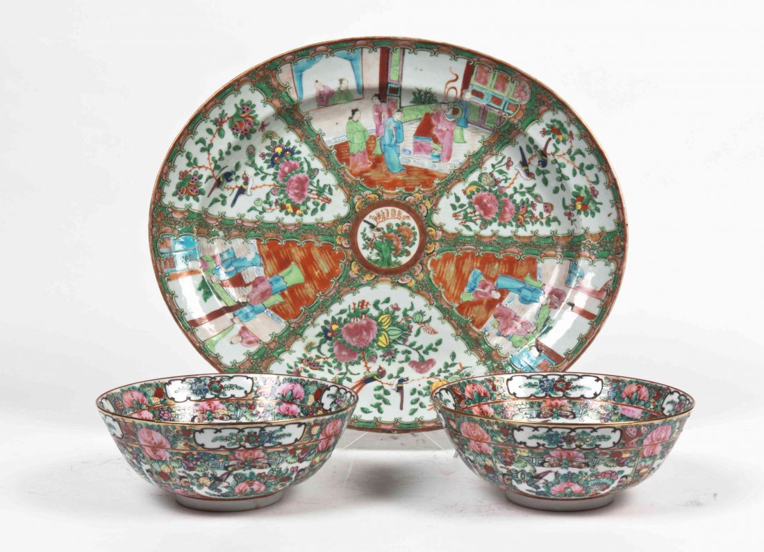 A Rose Medallion Serving Platter, Width 17 1/2 inches.: A Rose Medallion Serving Platter, of oval form, having shaped reserves depicting birds, foliage and figural scenes, together with two Rose Medallion footed bowls with gilt accents. Width 17 1/2 inches