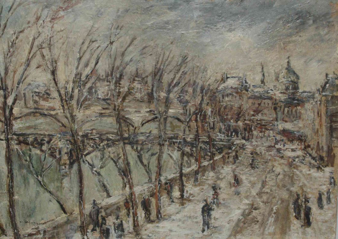 Louis Cazals, (French, b. 1912), Pont de Paris, vue d' : Louis Cazals (French, b. 1912) Pont de Paris, vue d' un quai, 1946 oil on board signed L. Cazals (lower left); signed, dated and titled (verso) 9 3/4 x 13 1/4 inches.