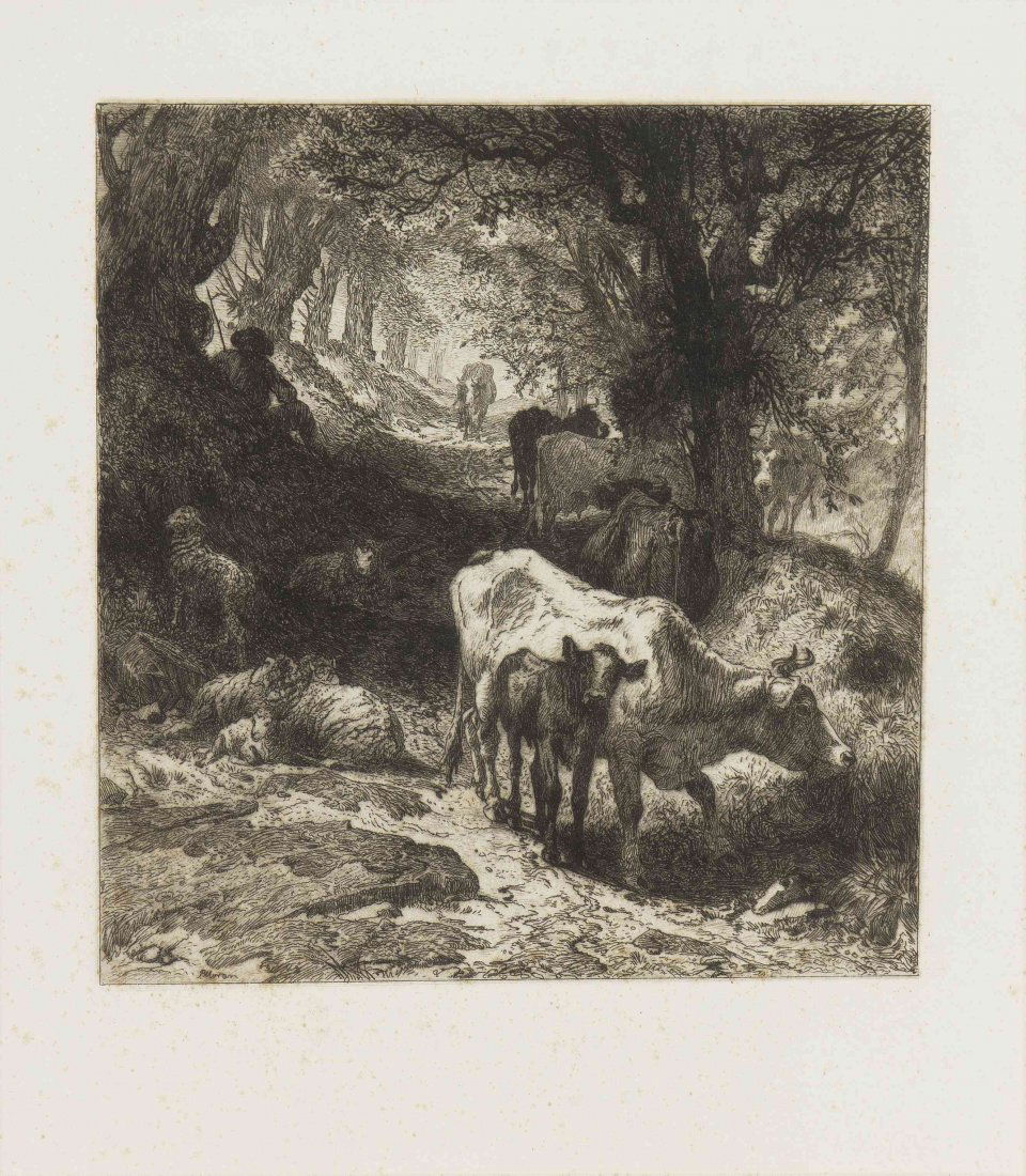 Peter Moran, (American, 1841-1914), Cattle in the Fores: Peter Moran (American, 1841-1914) Cattle in the Forest etching 6 x 5 5/8 inches. Property from the Estate of Marvin and Margaret Katz, Naples, Florida