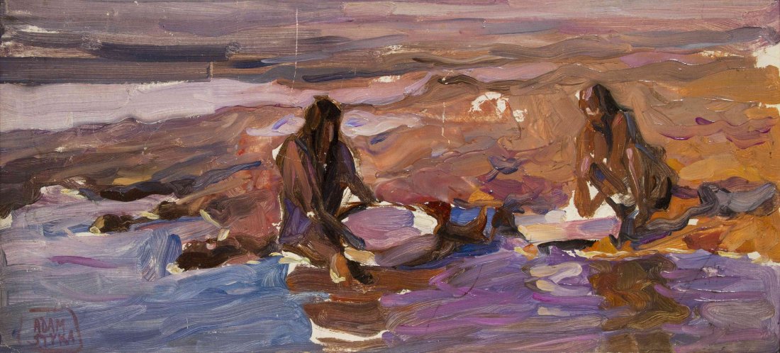 Adam Styka, (Polish, 1890-1959), Figures at the Beach: Adam Styka (Polish, 1890-1959) Figures at the Beach oil on board signed Adam Styka (lower left) 6 x 13 3/4 inches. Property from R.H. Love Galleries, Chicago, Illinois Provenance: