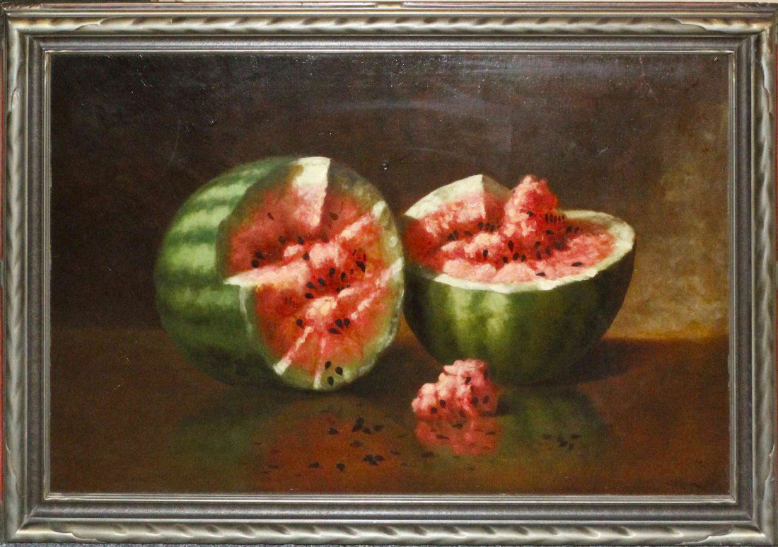 Carducius Plantagenet Ream, (American, 1837-1917), Wate: Carducius Plantagenet Ream (American, 1837-1917) Watermelon oil on board signed C.P. Ream (lower right) 26 x 39 1/2 inches.