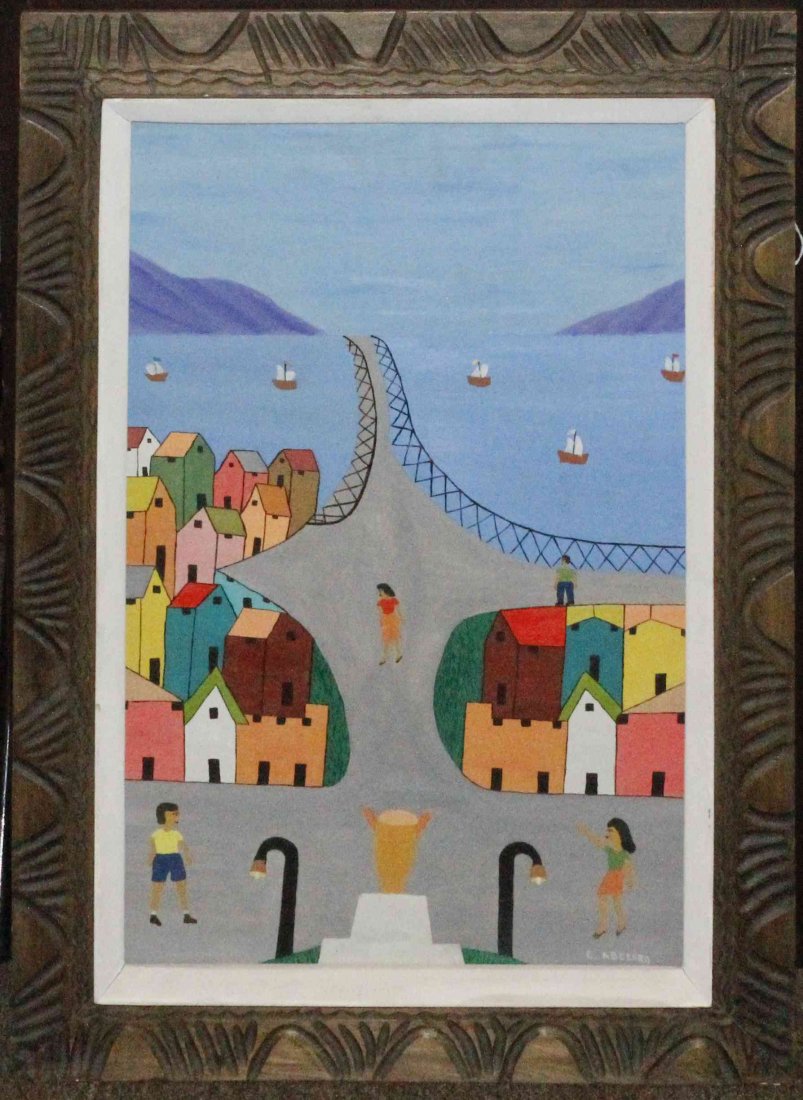 Gesner Abelard, (Haitian, b. 1922), Haitian Village (br: Gesner Abelard (Haitian, b. 1922) Haitian Village (bridge to the town), 1974 tempera on masonite signed E. Abelard (lower right) 23 1/2 x 15 1/2 inches.