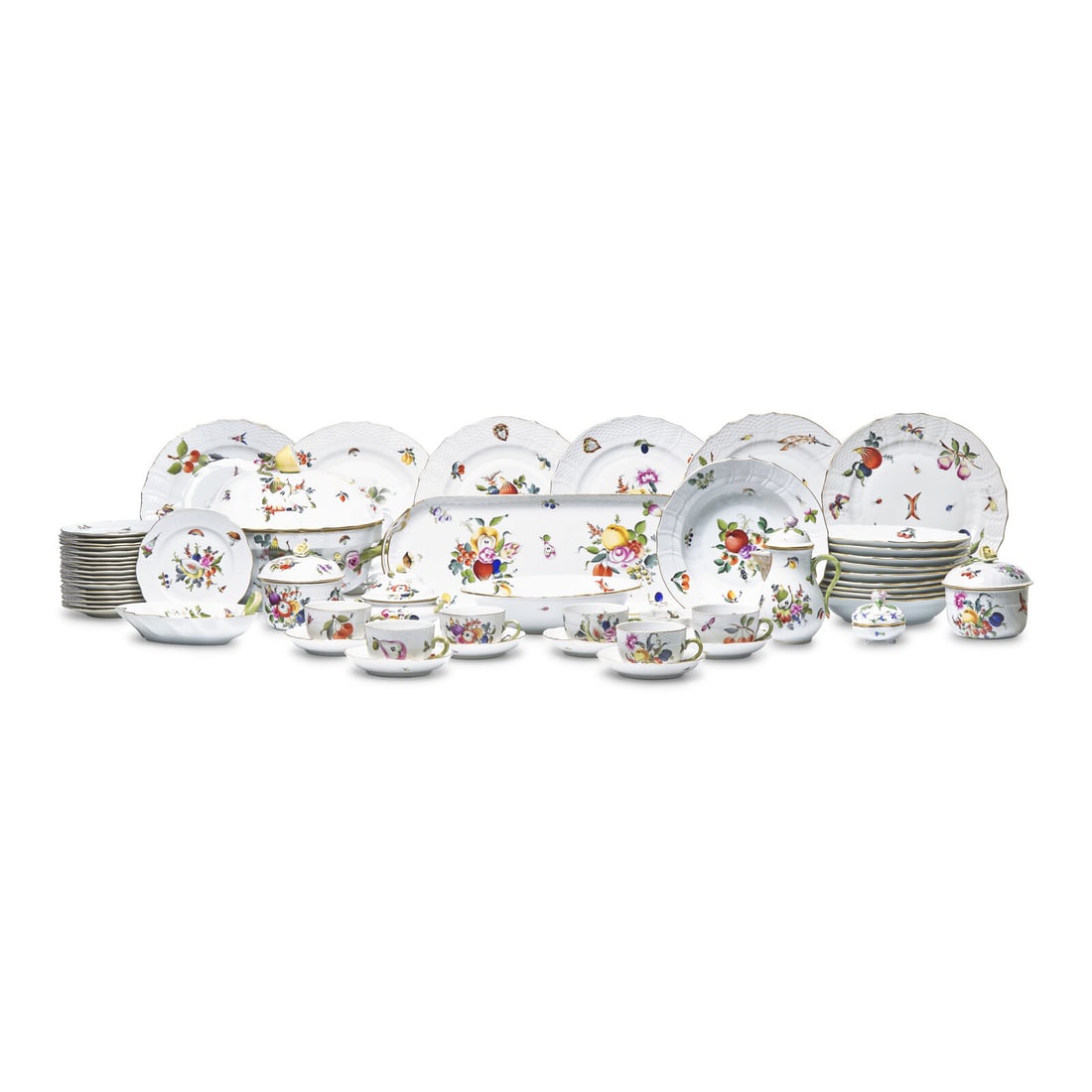 A Herend Fruits and Flowers Porcelain Dinner Service: A Herend Fruits and Flowers Porcelain Dinner Service Hungary, 20th Century all marked, comprising: 6 dinner plates 10 soup plates 18 bread plates 6 teacups 6 saucers 2 covered sugar dishes 1 large sou