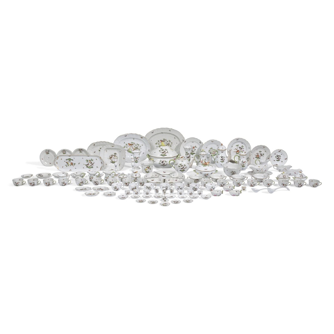 An Extensive Herend Rothschild Bird Porcelain Dinner Service: An Extensive Herend Rothschild Bird Porcelain Dinner Service Hungary, 20th Century marked, comprising: 16 chargers 8 dinner plates 17 luncheon plates 4 shallow bowls 18 dessert bowls 25 teacups or cof