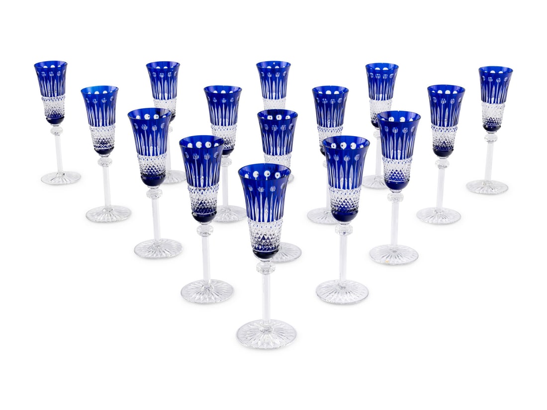 A Set of Fifteen Saint-Louis Cobalt Cut-to-Clear Champagne Flutes (1 of 3)