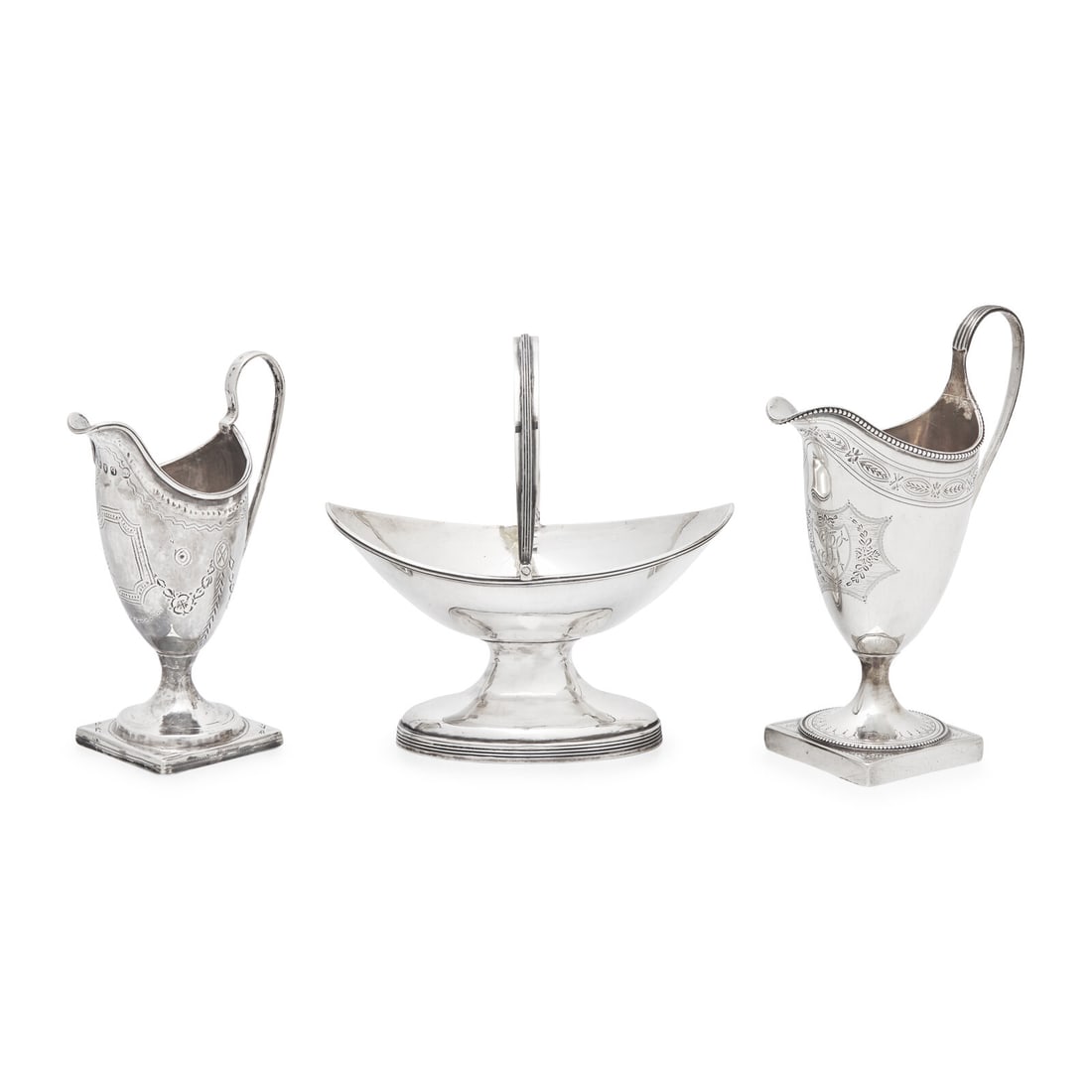 Two George III Engraved Silver Creamers and a Sugar Basket (1 of 3)