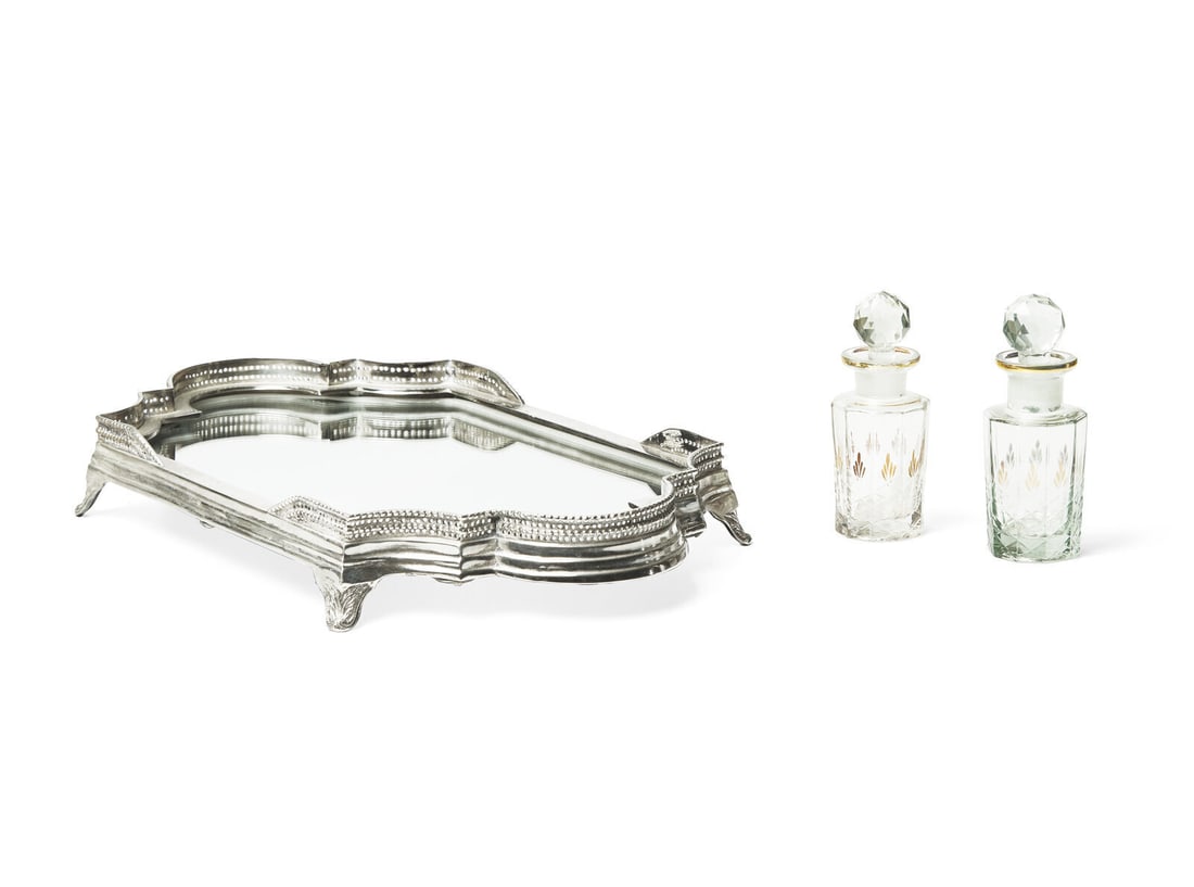 A Silver-Plate and Mirrored Table Plateau and a Pair of Cut Glass Decanters (1 of 3)