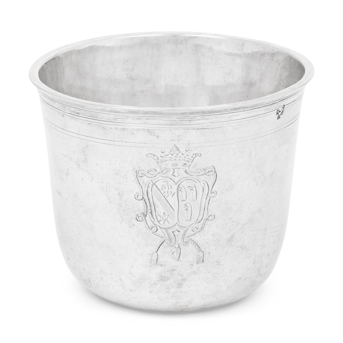 A Louis XV Silver Tumbler: A Louis XV Silver Tumbler Paris, Second Quarter 18th Century engraved with a coat of arms within a Rococo surround surmounted by a coronet; the underside with monogram -L-H-A-; with what appears to be
