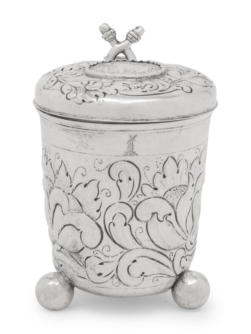 A Continental Silver Peg Tankard: A Continental Silver Peg Tankard 18th/19th Century the cover with an inset Norwegian (Frederik III) two mark coin dated 1649. unidentified hallmarks to underside 6 ozt 10 dwt Height 4 1/2 inches. This