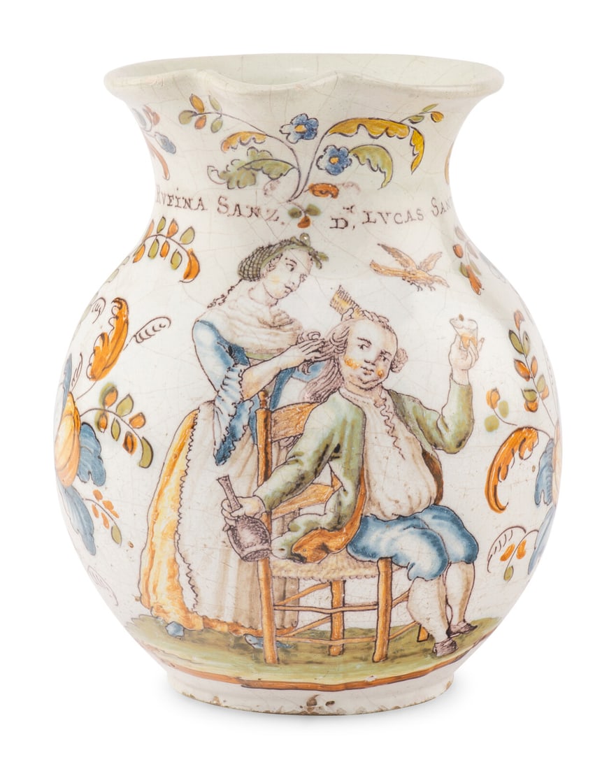An Italian Faience Jug: An Italian Faience Jug Talavera de la Reina, Circa 1775 Height 10 1/8 inches. This lot is located in Chicago. Provenance: Galerie Theoreme, Paris, March 27, 2019 Exhibited: University of Illinois-Cham
