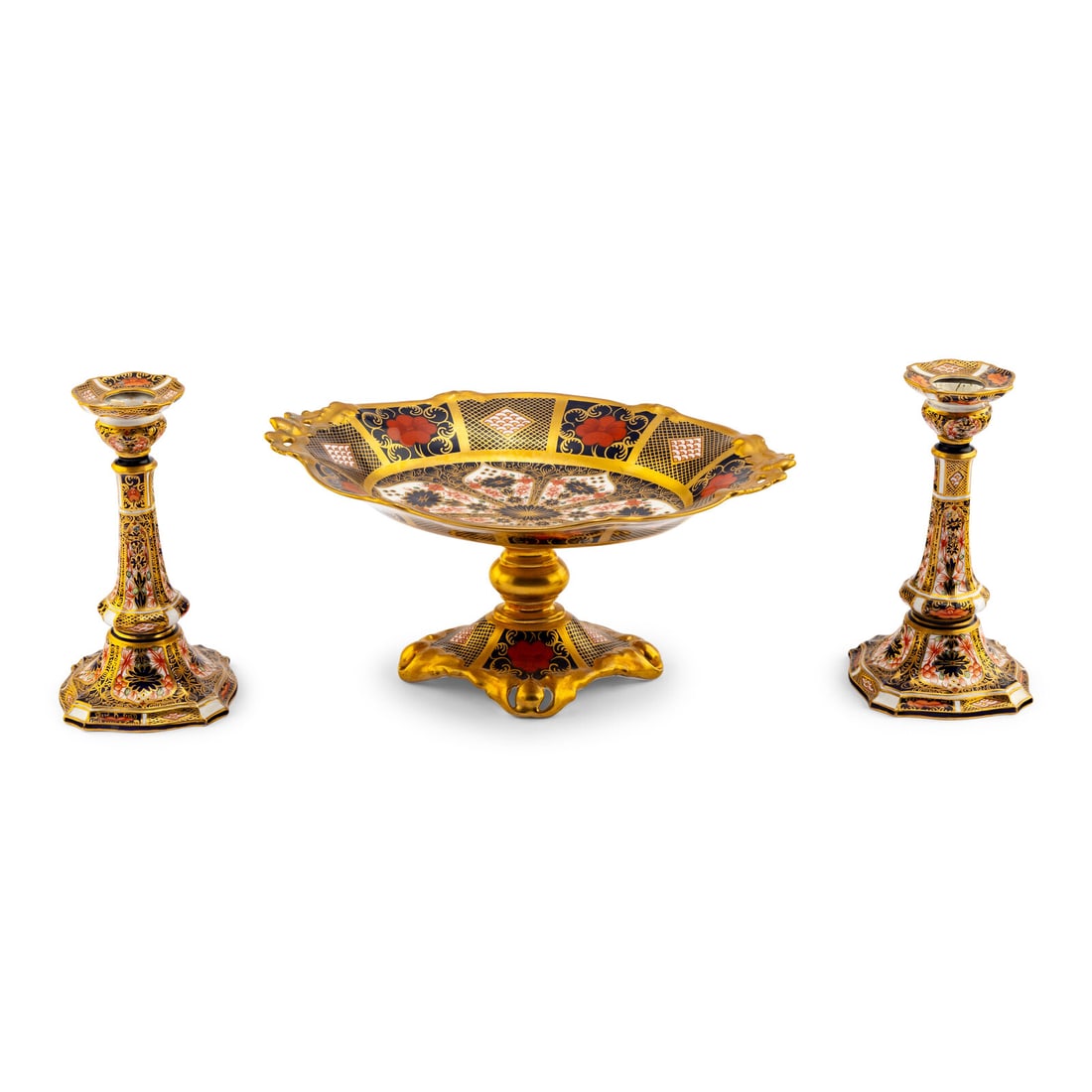 A Pair of Royal Crown Derby Imari Porcelain Candlesticks and a Tazza (1 of 5)