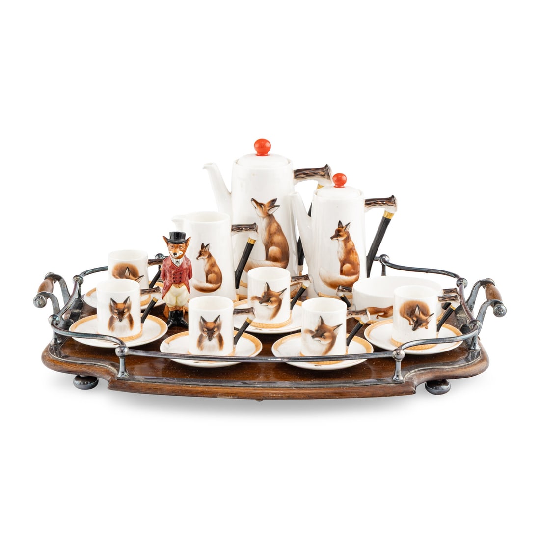 A Royal Doulton Raynard the Fox Porcelain Tea and Coffee Service: A Royal Doulton Raynard the Fox Porcelain Tea and Coffee Service 20th Century comprising a teapot, coffee pot, creamer, open sugar, six cups and saucers, and fox figurine; together with an associated