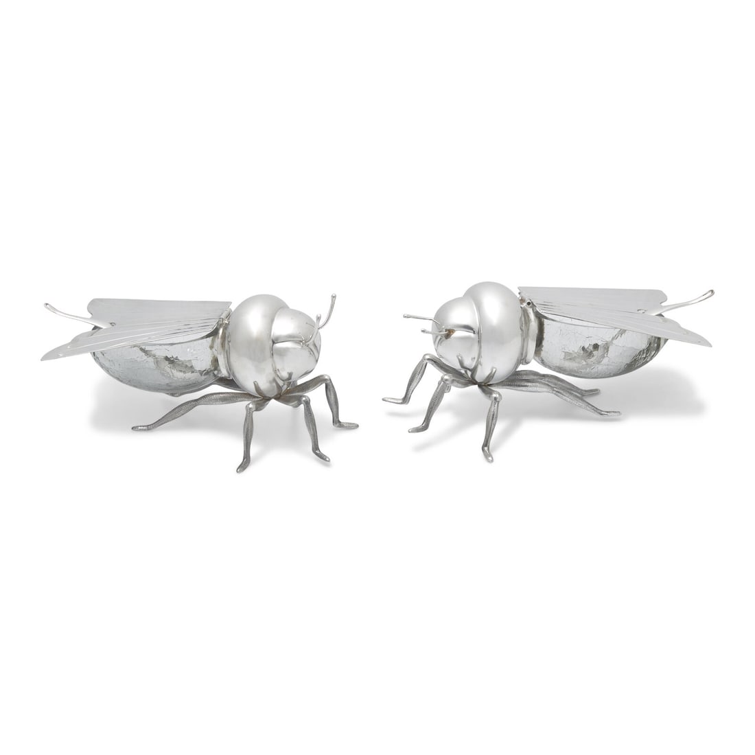 A Pair of Peruvian Silver and Glass Bee-Form Honey Dishes and Spoons: A Pair of Peruvian Silver and Glass Bee-Form Honey Dishes and Spoons Camusso, 20th Century the hinged wings lift to reveal glass bodies, each with a small serving spoon, all marked, accompanied by ori