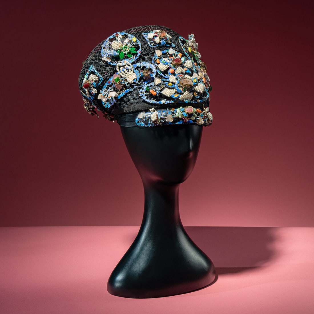 A Chinese Pearl, Jadeite, and Hardstone Ornamented Court Headdress, Dianzi, with Headband, Box, and (1 of 15)