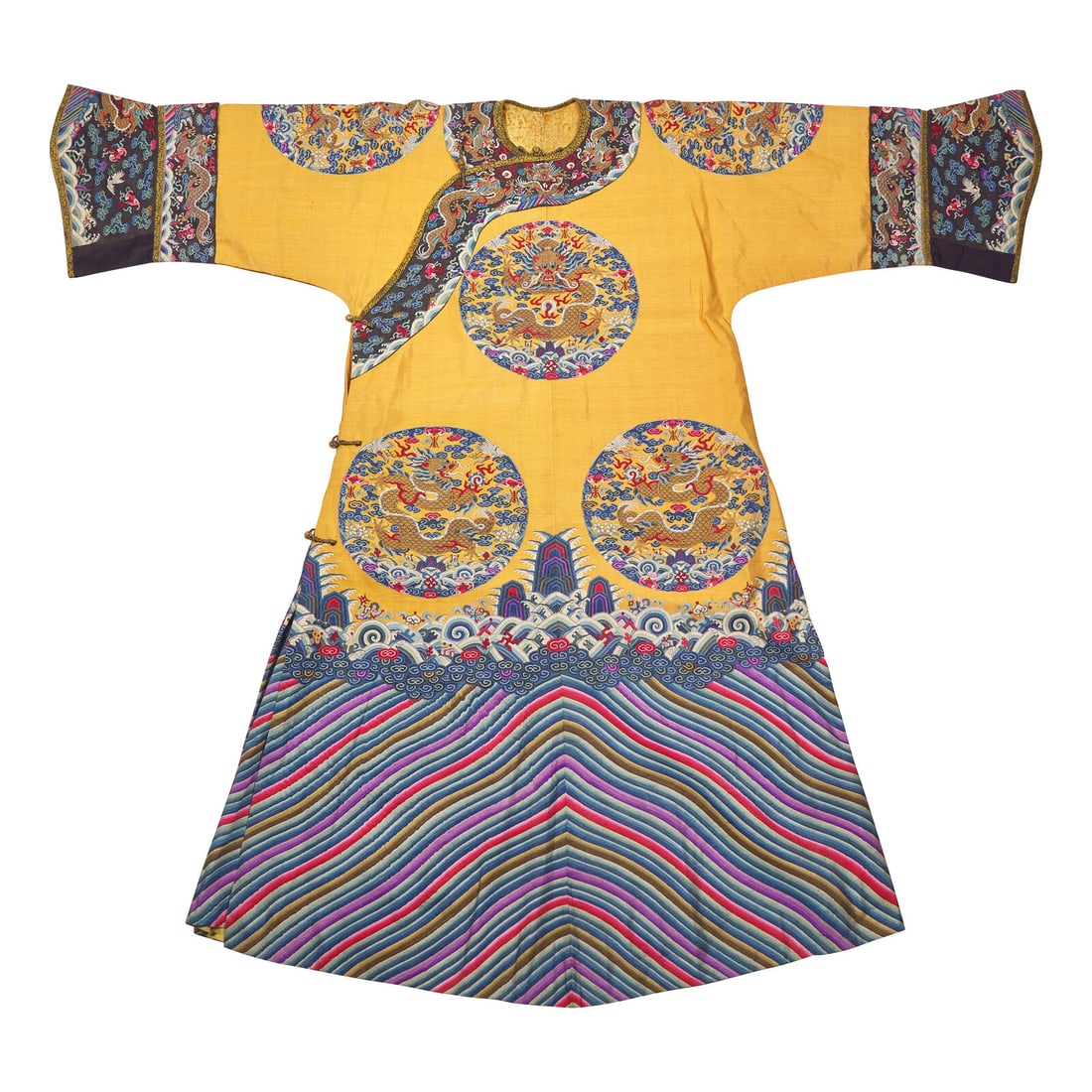A Chinese Yellow Kesi Dragon Roundel Robe, Late 19th Century 清晚期 黃 (1 of 3)