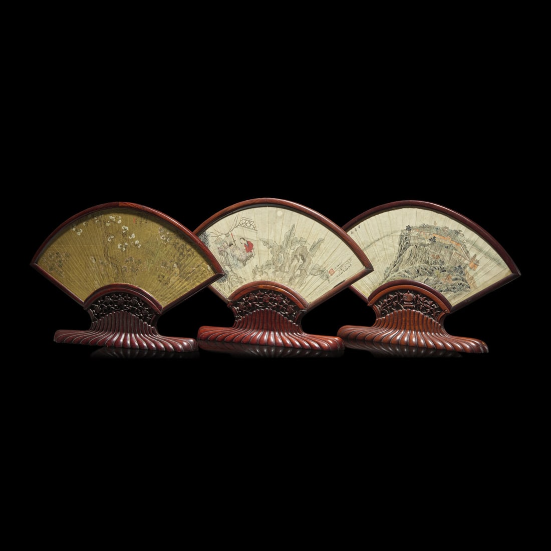 Three Chinese Folding Fan Leaf Paintings, 19th Century 清晚期 詩書: Three Chinese Folding Fan Leaf Paintings, 19th Century 清晚期 詩書畫扇面鏡框三幅 19th Century Ink and color on paper, framed. Ea