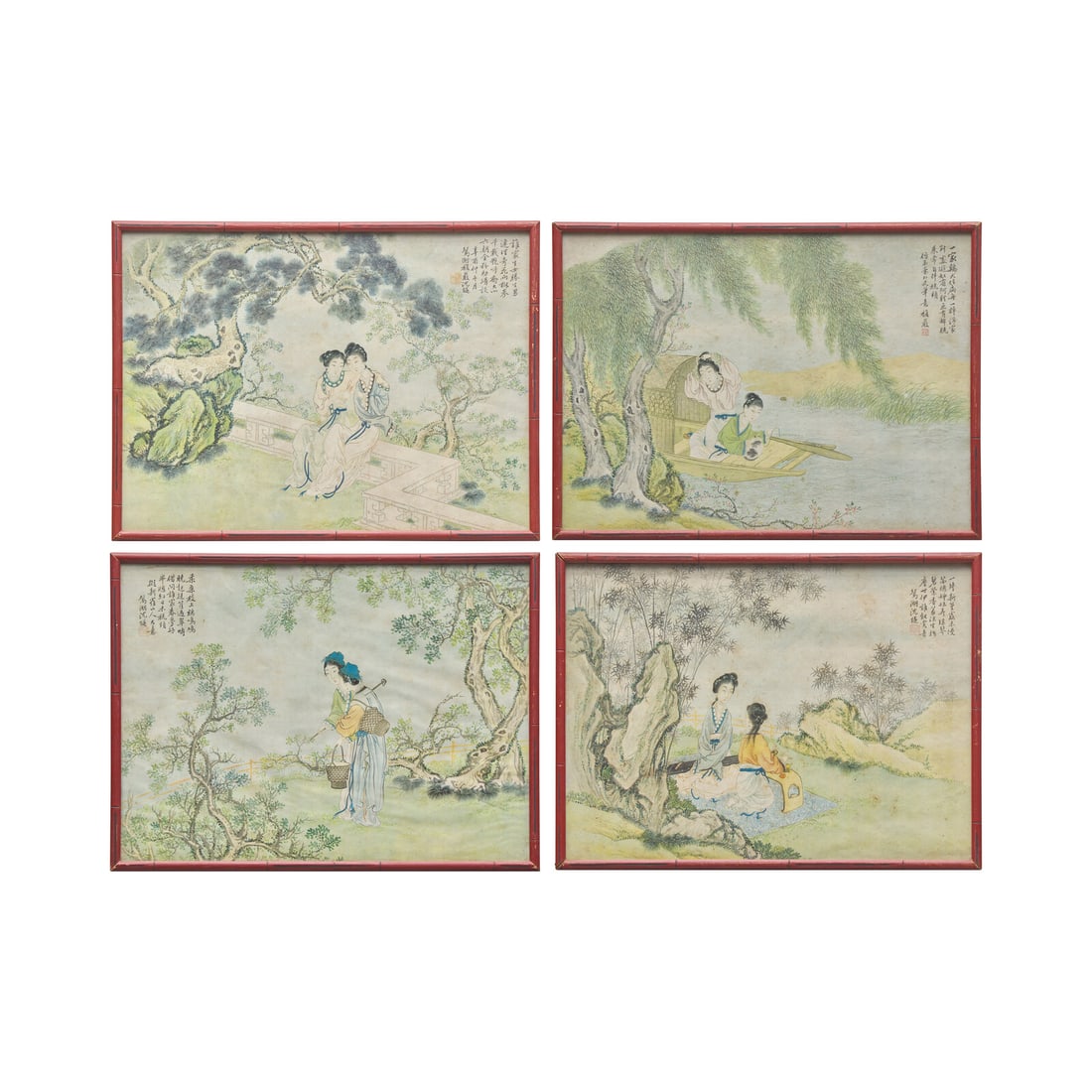 Shen Sui (Chinese, 1891-1932) 沈燧（1891-1932）: Shen Sui (Chinese, 1891-1932) 沈燧（1891-1932） Ladies in the Garden Four ink and color on paper paintings, framed and glazed. Each signed and inscribed, with an artist's seal,