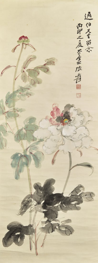 Zhang Daqian (Chinese, 1899-1983) 張大千（1899-1983）: Zhang Daqian (Chinese, 1899-1983) 張大千（1899-1983） Chinese Peonies Ink and color on paper, hanging scroll. Signed and inscribed, with a dedication, dated summer of lun