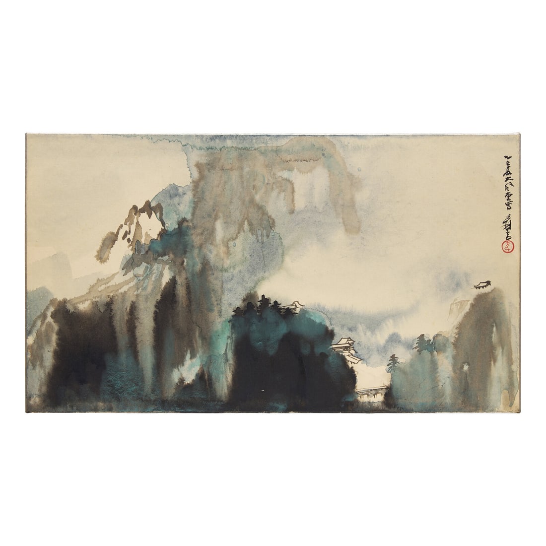 Zhang Daqian (Chinese 1899-1983) 張大千（1899-1983）: Zhang Daqian (Chinese 1899-1983) 張大千（1899-1983） Landscape Ink and color on paper, loose leaf (mounted on thin card). Signed and dated summer of lunar year yisi (1965