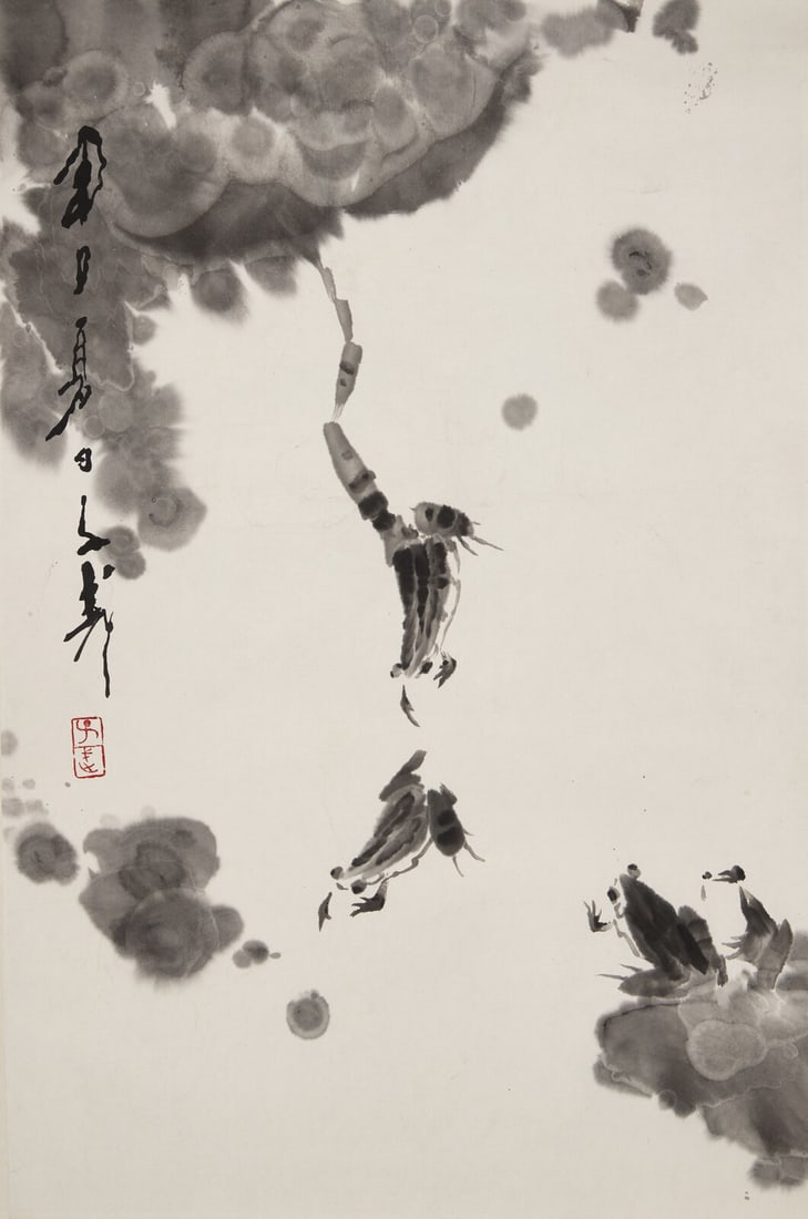 Wang Ziwu (Chinese, 1936-2021) 王子武（1936-2021）: Wang Ziwu (Chinese, 1936-2021) 王子武（1936-2021） Frogs Ink on paper, hanging scroll. Signed with one artist's seal, Ziwu. 王子武 （近É