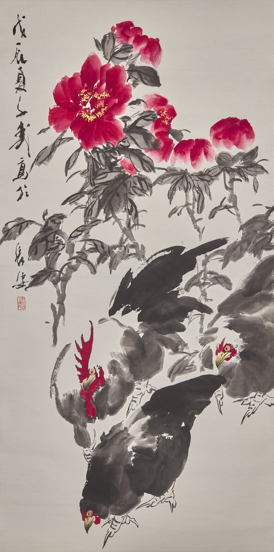 Wang Ziwu (Chinese, 1936-2021) 王子武（1936-2021）: Wang Ziwu (Chinese, 1936-2021) 王子武（1936-2021） Rooster and Hen Under Flowers Ink and color on paper, hanging scroll. Signed and dated the summer of the lunar year wuc
