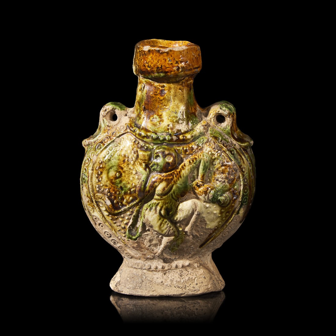 A Chinese Molded Sancai-Glazed Pottery Pilgrim Flask, Tang Dynasty 唐 三彩模 (1 of 3)