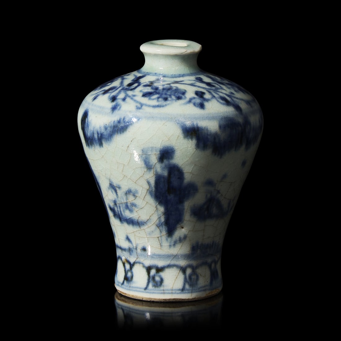 A Chinese Blue and White Small Figural Meiping Vase, Possibly Yuan/Early Ming Dynasty 或 (1 of 3)