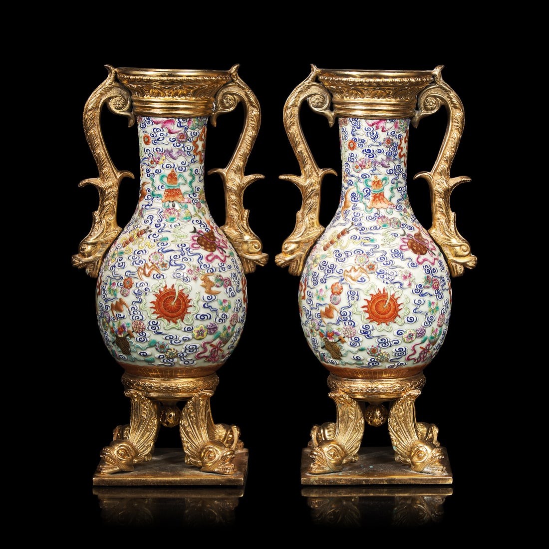 A Pair of Gilt Bronze Mounted Chinese Famille Rose Vases, the Porcelain 19th Century 清中: A Pair of Gilt Bronze Mounted Chinese Famille Rose Vases, the Porcelain 19th Century 清中期 粉彩雲蝠八寶紋鑲鎏金配&#
