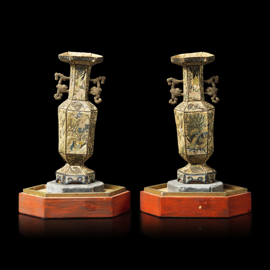 A Rare Pair of Chinese Embroidered Silk Hexagonal Vases, 19th Century 清晚期: A Rare Pair of Chinese Embroidered Silk Hexagonal Vases, 19th Century 清晚期 粵綉拼接六方賞瓶一對 19th Century Each facete