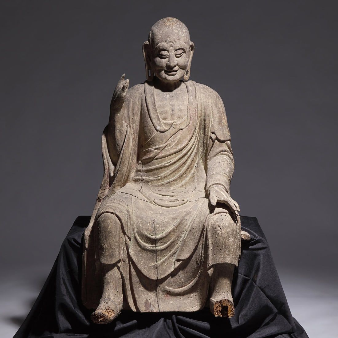 A Large Chinese Carved Wood Seated Figure of Luohan, Ming Dynasty 明 木雕大 (1 of 6)