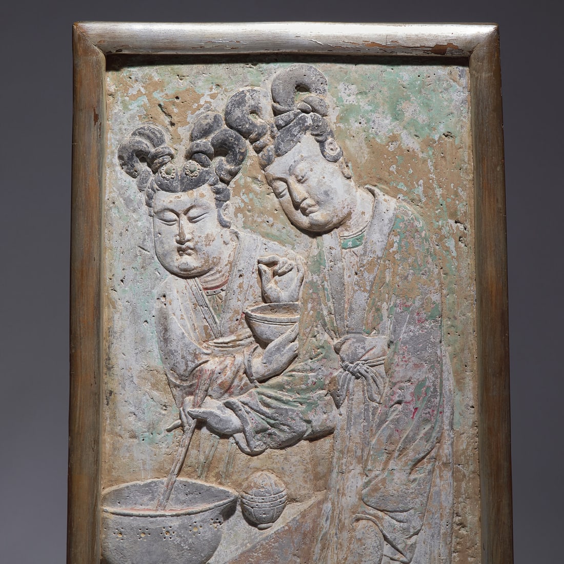 A Rare Chinese Carved and Painted 'Court Ladies' Relief Brick Panel, Late Tang Dynasty-Five: A Rare Chinese Carved and Painted 'Court Ladies' Relief Brick Panel, Late Tang Dynasty-Five Dynasties and Ten Kingdoms 晚唐-五代 彩繪磚雕侍女