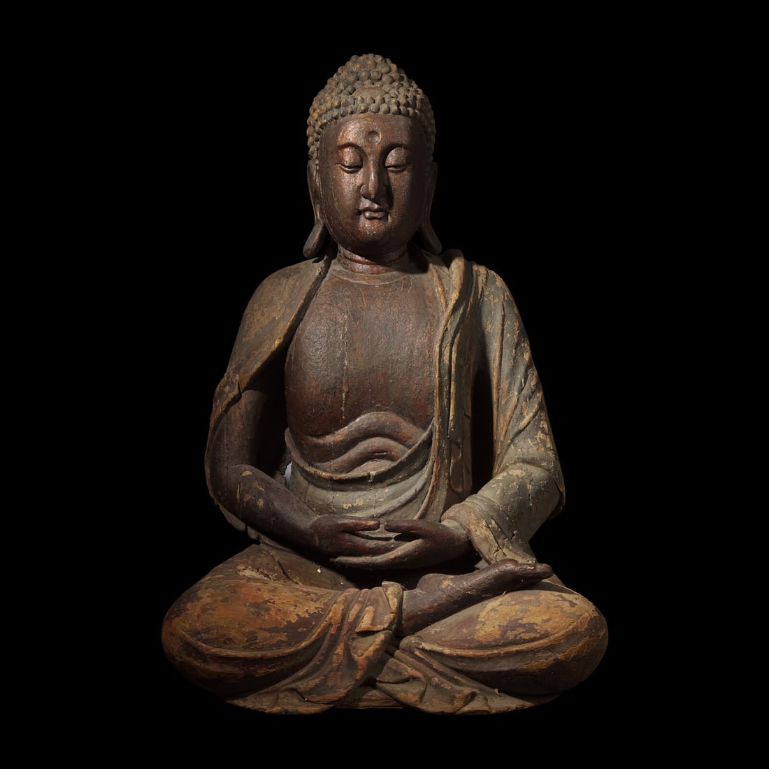A Large Chinese Seated Parcel-Gilt Carved Wood Figure of the Buddha, Ming Dynasty 明 木 (1 of 4)