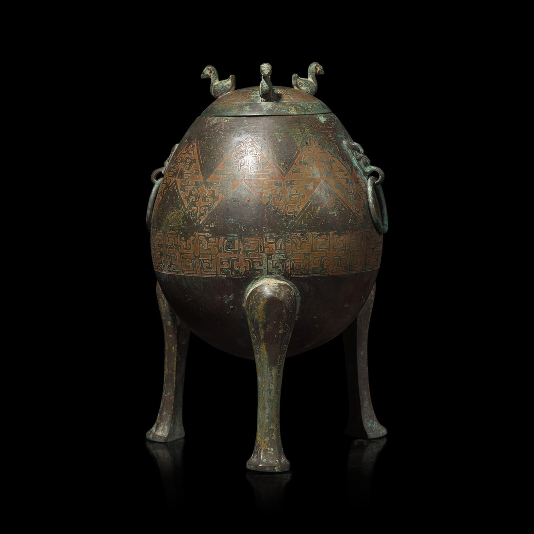A Chinese Copper Inlaid Archaistic Bronze Vessel, Dui, Ming Dynasty or Earlier 明或 (1 of 3)