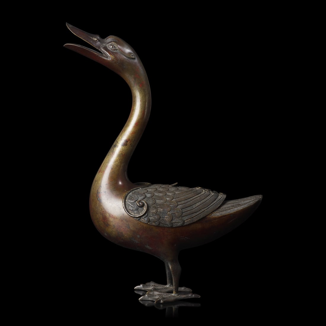 A Patinated Bronze Archaistic "Goose" Covered Censer, 18th/19th Century or Earlier 清中: A Patinated Bronze Archaistic "Goose" Covered Censer, 18th/19th Century or Earlier 清中期或更早 仿古銅鳧香薰 18th/19th Century o