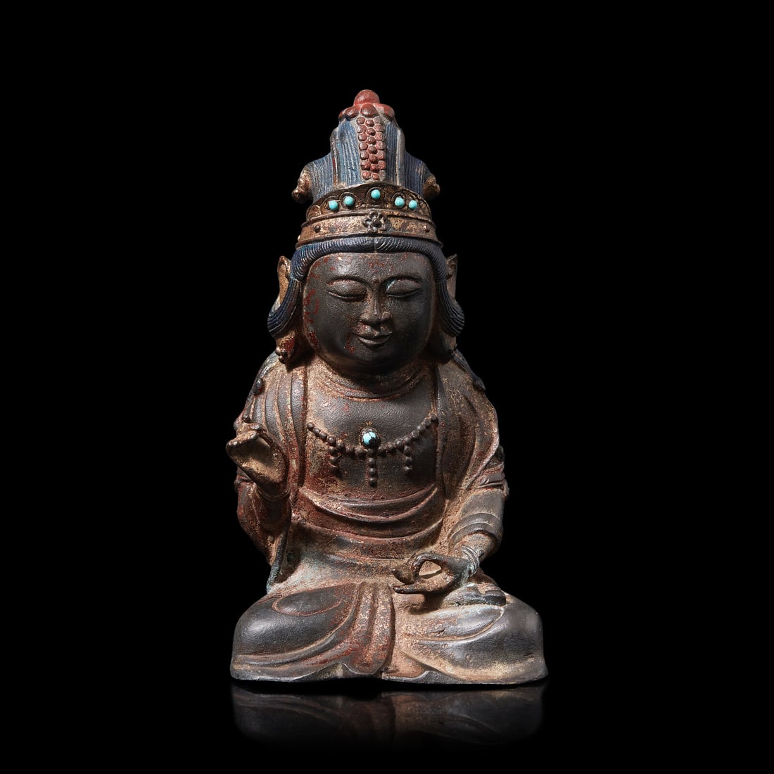 A Korean Polychrome Painted and Turquoise Inset Bronze Figure of a Bodhisattva, Joseon Period, Early: A Korean Polychrome Painted and Turquoise Inset Bronze Figure of a Bodhisattva, Joseon Period, Early 17th Century 十七世紀朝鮮王朝 銅嵌ë