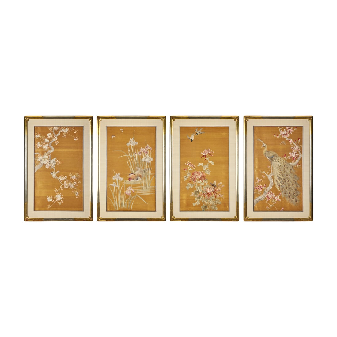 A Set of Four Finely Worked Japanese 'Birds and Flowers' Needlework Panels, Meiji Period 日 (1 of 5)
