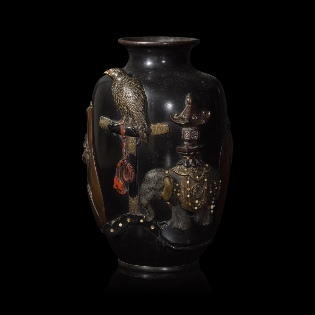 A Japanese Mixed Metal Vase with Hawk, Elephant, and Censer, Seiya Company, Meiji/Taisho Period: A Japanese Mixed Metal Vase with Hawk, Elephant, and Censer, Seiya Company, Meiji/Taisho Period 日本明治/大正時期 誠谷作鷹ฉ