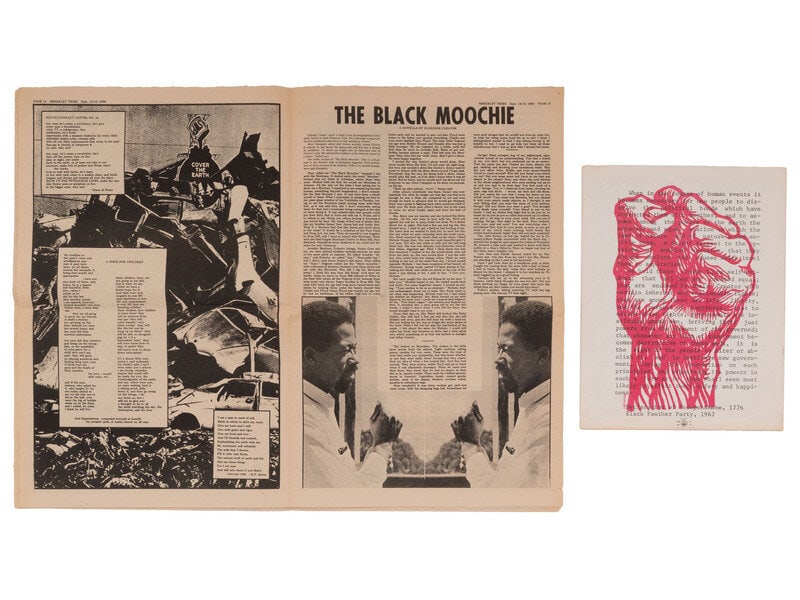 [African Americana] [Black Panthers] Group of 6 items involving the Black Panther Party and the Watt: [African Americana] [Black Panthers] Group of 6 items involving the Black Panther Party and the Watts Riots "PEOPLE'S BUCKS - POWER TO THE PEOPLE." Printed "money," approx. 6 x 3 1/4 in., ca