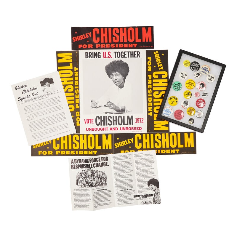 [African Americana] (Chisholm, Shirley). Group of Ephemera from 1972 Presidential Campaign : [African Americana] (Chisholm, Shirley). Group of Ephemera from 1972 Presidential Campaign No place, ca. 1972. Including an "Unbought and Unbossed" campaign poster, 14 1/2 x 11 1/2 in.; two