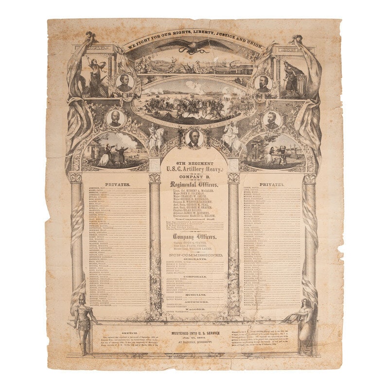 [African Americana] Commemorative Roster of Co. B, 6th Regiment, United States Colored Heavy Artille: [African Americana] Commemorative Roster of Co. B, 6th Regiment, United States Colored Heavy Artillery 20 3/4 x 17 1/2 in. (527 x 444 mm.) Printed broadside roster. Some paper loss on