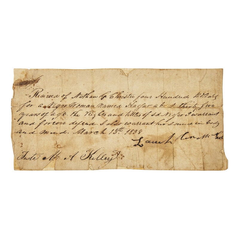 [African Americana] [Enslavement] Manuscript Slave Receipt: [African Americana] [Enslavement] Manuscript Slave Receipt (Likely Georgia), March 13, 1838. Oblong sheet, 3.75 x 7.5 in. Manuscript receipt from M. A. Kelley to Nathan G. Christie for "...four