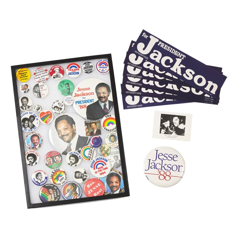 [African Americana] (Jackson, Jesse). Group of Campaign Buttons, and Other Ephemera: [African Americana] (Jackson, Jesse). Group of Campaign Buttons, and Other Ephemera No place, ca. 1984-88. Group of 37 campaign pin buttons, sizes vary, for Jackson's runs for President in the 1984