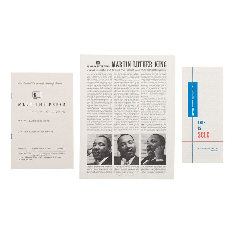 [African-Americana] (King, Martin Luther, Jr.) Group of 8 items incl. SCLC Pamphlet and Interviews.: [African-Americana] (King, Martin Luther, Jr.) Group of 8 items incl. SCLC Pamphlet and Interviews. Together, 8 items. Pamphlets and booklets in very good to near excellent condition. Fans in very