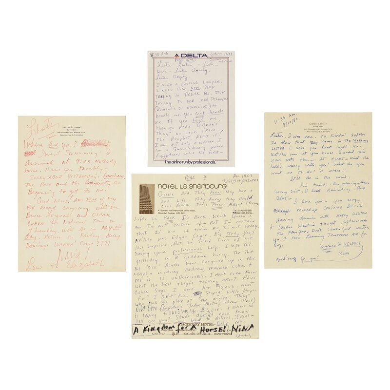 [African Americana] Simone, Nina. Three Autograph Letters, signed: [African Americana] Simone, Nina. Three Autograph Letters, signed No place, no dates. Sizes vary. Three autograph letters signed by Nina Simone to Lester Hyman on various subjects. Creasing from