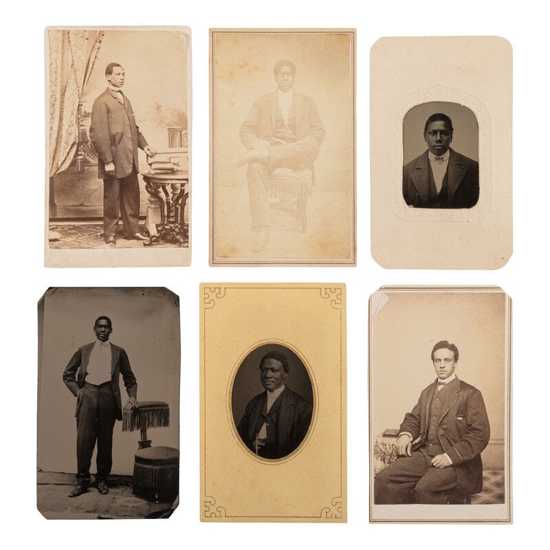 [African Americana] Group of Six Photographs of African American Men: [African Americana] Group of Six Photographs of African American Men Lot comprised of 6 CDVs and tintype portraits of African American male subjects at varying ages. approx. 3 3/4 x 2 1/4 in., or