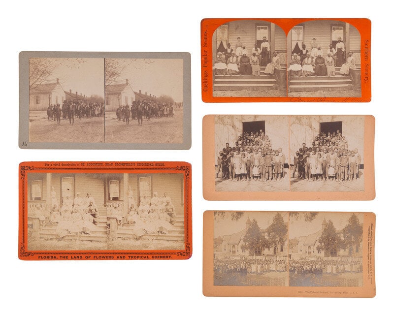 [African Americana] Group of Five Stereoviews of Schools and Homes for African American Women and Ch: [African Americana] Group of Five Stereoviews of Schools and Homes for African American Women and Children 5 stereoviews on cardstock mounts, ca 1870s-1890s, featuring the following scenes: 